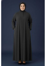 Resim Mismoly Medine İpeği Mevlana Kesim Cepli Kuşaklı Bol Büyük Beden Ferace Gri 