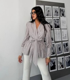 Resim Genel Markalar TİANA ÇİZGİLİ BAĞLAMA DETAYLI KRUVAZE POPLİN GÖMLEK - Kahverengi 