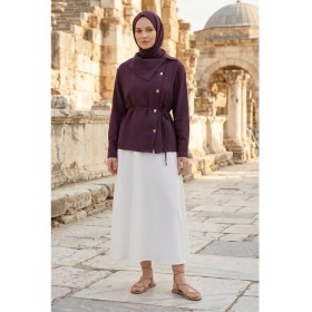 Resim Modestim Kadın Bordo Yaka Düğme Detaylı Belden Bağlamalı Şık ve Modern Tesettür Gömlek Tunik Yazlık 
