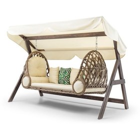 Resim Swing Saltanat Ahşap Rattan Salıncak Dış Mekan Bahçe Balkon Ve Teras Salıncağı Krem Ceviz 