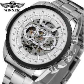 Resim Hanyang Beyaz T-Kazanan Dairesel Tırnak Ölçeği Üç Halkalı Mekanik Saat Içi Boş Çelik Bant Mekanik Saat Altın Erkek Saati (Yurt Dışından) 