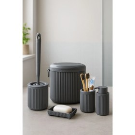 Resim Lines Serisi Gri Banyo Seti, 5 Parça Oval Akrilik 4 Litre Çöp Kovası, Sabunluk, Fırçalık Takımı 