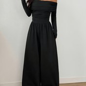 Resim Şık Omuz Açık Tek Omuzlu Tulum - Yaka Detaylı Geniş Paça Pantolon Takımı, Makinede Yıkanabilir Tüm Mevsimler İçin Siyah & Beyaz Uyumlu Kıyafet (Kuru Temizleme Yok) - Düğünler, Partiler İçin Geniş Paça Pantolon 