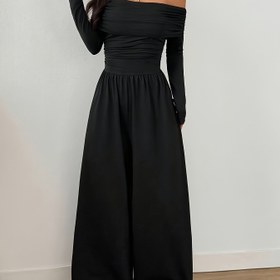 Resim Şık Omuz Açık Tek Omuzlu Tulum - Yaka Detaylı Geniş Paça Pantolon Takımı, Makinede Yıkanabilir Tüm Mevsimler İçin Siyah & Beyaz Uyumlu Kıyafet (Kuru Temizleme Yok) - Düğünler, Partiler İçin Geniş Paça Pantolon 