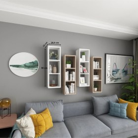 Resim Duvar Rafı Kitaplık Ofis Beyaz Meşe 4 Lü Karışık Takım Beyaz Meşe 