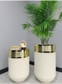 Resim Elegant Dekoratif Gold Darbuka Krem Saksı 70cm + Sehpa 60cm İkili Set 