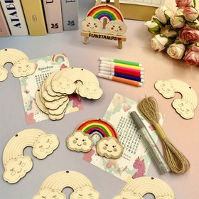Resim 6'lı Kendin Yap Ahşap Gökkuşağı El Sanatları Seti - Çiçek ve zikzak desenli bitmemiş ahşap gökkuşaklıklar, simler, pastel boya kalemleri ve ip dahil, ilkbahar sınıf etkinlikleri ve evde yaratıcılık için mükemmel 