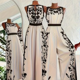 Resim 2025 Yeni Kadınların Zarif Çiçek Desenli Tulum - Kolsuz, Makinede Yıkanabilir, Yumuşak ve Şık Siyah ve Beyaz Çiçek Desenli, Partiler ve Akşam Kıyafetleri için Mükemmel, Tüm Mevsimler İçin Uygun, Parti Kıyafeti, Kolsuz Tulum, Akşam Kıyafeti, Sophistike Stil, Kolay Bakım Kumaşı 