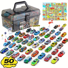 Resim 60 Parça Set (50 Araba+9 Engelden Geçme Engelleyici+1 Harita) Metal Geri Çekmeli Oyuncak Arabalar Saklama Kutusu ile (Araba Stilleri ve Renkleri Rastgele), 3 Yaş ve Üzeri Erkek ve Kız Çocuklar için İdeal Hediye, Doğum Günü, Noel, Şükran Günü Hediyeleri 