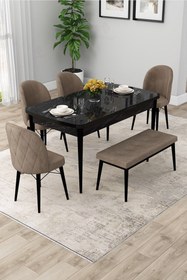 Resim Canisa Rut Serisi Açılabilir 80x132 Siyah Mermer Desen Mutfak Masası Takımı 4 Cappucino Sandalye 1 Bench 