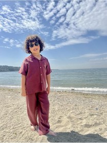 Resim Cebi Nakışlı Gömlek Pantolon Keten Erkek Çocuk Takım Mürdüm Mürdüm 