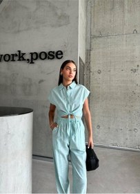 Resim Çizgili Keten Kolsuz Crop Pantolon Takım - Yeşil Yeşil 