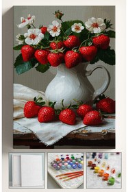 Resim Su'lepas Sayılarla Boyama Çerçeveli Hobi Seti Numaralı Tuval Fırça Boya Dahil Kasnaklı ÇİLEK VAZOSU 40X50 Cm 