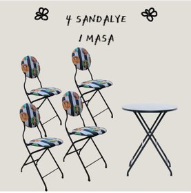 Resim Frida Desenli Metal Bahçe Takımı - 4 Sandalye + 1 Masa 