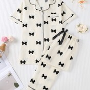 Resim 2 Adet Genç Pijama Takımı, Sevimli Kelebek Baskılı, Kısa Kollu Yaka Detaylı Üst ve Elastik Bel Pantolon, Örgü Polyester ve Spendex, Normal Kalıp, Düğme Detaylı, İlkbahar/Yazlık Pijama 