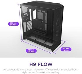 Resim NZXT H9 Flow 2025 Orta Kule ATX PC Kasası, Büyük Çift Odacıklı Tasarım, 3x 140mm + 1x 120mm Fan Dahil, 420mm Radyatör Desteği, Temperli Cam, Back-Connect Hazır, Siyah 