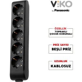 Resim Viko | Beşli Grup Priz, Topraklı - Çocuk Korumalı Çoğaltıcı Priz, 5'li, Kablosuz, Siyah 