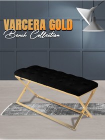 Resim Gazzini furniture Varcera Gold Bench Çapraz Metal Ayaklı Kapitoneli Model Siyah Puf 