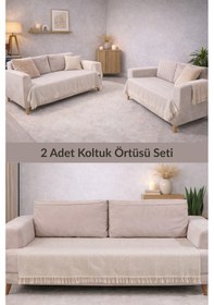 Resim 2 Adet Pamuklu Koltuk Örtüsü 115x200 Cm Çekyat Ve Kanepeler İçin Koruyucu Önden Saçaklı Kaymaz Ekru 