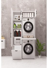 Resim Mdf Çamaşır Makinesi Ve Kurutma Makinesi Dolabı Sepetli Beyaz 
