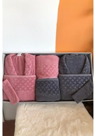 Resim Şazeli 8 Parça Aile Bornoz Takımı Gül Kurusu Antrasit Antrasit - Mürdüm 