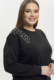 Resim Kadın Büyük Beden Uzun Kollu Taş İşlemeli Modal Eşofman Takımı 8250-26 - 5XL / Camel 