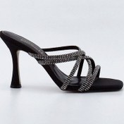 Resim Siyah Mat Saten Taşlı Kadın Topuklu Terlik 