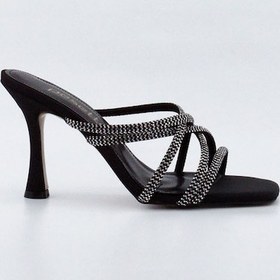 Resim Siyah Mat Saten Taşlı Kadın Topuklu Terlik 