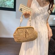Resim Kadınların el dokuması burlap plaj çantası - Sahte inci ve zincir askılı tatil stili, hafif yaz sepeti, omuz veya el ile taşınabilir, düz renk, polyester astar, güvenli kapanış, rahat aksesuar | Düz Renk Çanta | Dayanıklı Dokuma Malzeme 