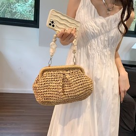 Resim Kadınların el dokuması burlap plaj çantası - Sahte inci ve zincir askılı tatil stili, hafif yaz sepeti, omuz veya el ile taşınabilir, düz renk, polyester astar, güvenli kapanış, rahat aksesuar | Düz Renk Çanta | Dayanıklı Dokuma Malzeme 
