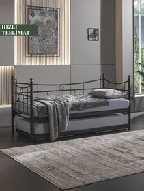 Resim Unimet Daily Yavrulu Daybed Tek-çift Kişilik Sedir Metal Karyola Yatak Seti Siyah 