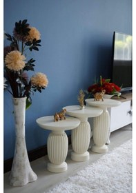 Resim 3'lü Çizgili Vazo Beyaz Yan Sehpa Beyaz 