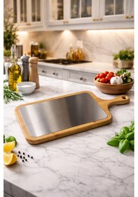 Resim Makri Home Metal Yüzeyli Bambu Kesme Tahtası Çift Taraflı Paslanmaz Ve Doğal Ahşap Sunum Ve Doğrama Tahtası Ahşap 
