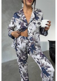 Resim Gizotti Çiçek Desen Dijital Baskılı Uzun Saten Pijama Xl Çiçek Desenli 