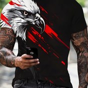 Resim Erkek 3D Kartal Baskılı T-Shirt - Cesur Kırmızı ve Beyaz Grafik Tasarımı, Rahat Sokak Stili Kısa Kollu Yuvarlak Yaka Tee, Nefes Alabilir Normal Kalıp Rahat Giyim, Rahat Giyim Tee | Cesur Grafik Tee | Dayanıklı Baskılı Gömlek 