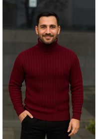 Resim Barlashive Erkek Tam Boğazlı Balıkçı Yaka Triko Kazak Kalın Fitilli - Bordo Çok Renkli 