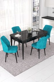 Resim Canisa Nef Serisi 70x114 Açılabilir Mdf Siyah Mermer Desen Masa Takımı Ve 4 Turkuaz Sandalye 