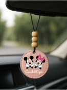 Resim Cekuonline Kişiye Özel İsim Yazılı 1.Sınıf Deri Ahşap Dekorlu Dikiz Aynası Süsü Pudra Pembe - MinnieMickey 