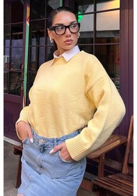 Resim Sarı Bisiklet Yaka Oversize Triko Kazak Mg1972 Sarı 