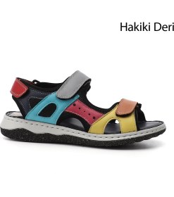 Resim Gönderi(r) Kadın Gökkuşağı Cırt Bantlı Dolgu Topuk Hakiki Deri Comfort Sandalet 