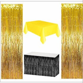 Resim Sarı Masa Örtüsü, Siyah Masa Eteği, 2 Adet Gold Arka Fon 
