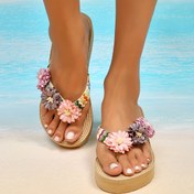 Resim Kadın Çiçekleri Flip Flop, Taklit Espadril Platform Wedge Kaydırıcı Sandalet, Tatil için Rahat Yaz Plaj Ayakkabıları 