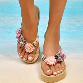 Resim Kadın Çiçekleri Flip Flop, Taklit Espadril Platform Wedge Kaydırıcı Sandalet, Tatil için Rahat Yaz Plaj Ayakkabıları 