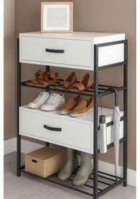 Resim Reyo Falez Ayakkabılık Ahşap 2 Kapaklı Metal Raflı 4 Katlı Çok Amaçlı Raf Dolap Beyaz Beyaz 