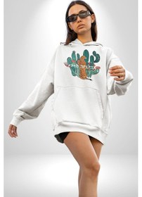 Resim Kaktüs Çita Kadın Erkek Beyaz Kapüşonlu Sweatshirt Hoodie Beyaz 