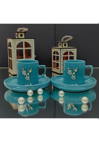 Resim Dal Çiçek Kahve Fincanı 2li Set Türk Kahvesi Fincan Takımı Turkuaz 