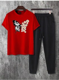 Resim Unisex 2'li Papatya Kelebek Baskılı Eşofman Takımı Kırmızı 