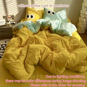 Resim ins Küçük Kalabalık Kız Kalp Krem Düz Renk Yatak Dört Parça Seti Basit Çift Kişilik Çarşaf, Nevresim ve Yastık Kılıfı 