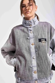 Resim Kadın Gri Renk Kumaş ve Denim Parçalı Aksesuar Detaylı Bol Kesim Özel Tasarım Denim Ceket - Gri / S 