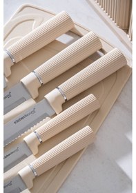 Resim Acar Cooper 12 Parça Standlı Kesme Tahtası Servis Ve Bıçak Seti Krem 